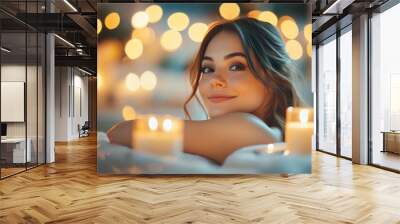 High-resolution brightly lit photorealistic candid photograph of a beautiful presenter woman in a spa, basking in the peaceful atmosphere, surrounded by elegant candles and soft spa lighting. The Wall mural