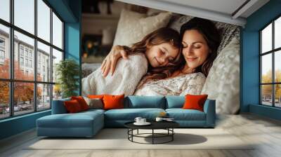 High-resolution brightly lit photorealistic candid photograph of a mother and daughter relaxing together on a soft couch in a beautifully lit living room. The photograph has a light and bright Wall mural