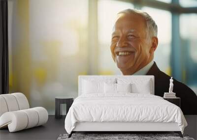 High-resolution brightly lit photorealistic candid photograph of a senior businessman radiating happiness in a high-end lifestyle magazine style. The bright, cheerful ambiance complements his joy. Wall mural