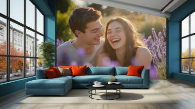 High-resolution brightly lit photorealistic candid photograph of a young couple laughing together in a lavender field, the purple blooms creating a beautiful backdrop. The scene is styled like a Wall mural