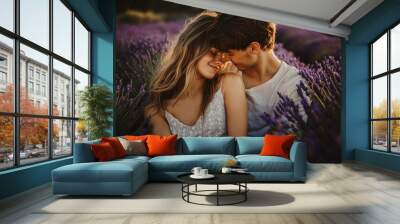 High-resolution brightly lit photorealistic candid photograph of a young couple sitting close in a lavender field, sharing a quiet, happy moment. The image, styled like a premium lifestyle magazine, Wall mural