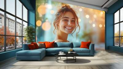 High-resolution brightly lit photorealistic photograph of a joyful presenter woman smiling warmly in a serene massage spa, exuding happiness. The image is styled like a high-end lifestyle magazine, Wall mural