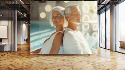 High-resolution brightly lit photorealistic photograph of a relaxed senior couple side by side, enjoying a tranquil massage in a luxurious spa. The image, with its light, bright, and joyful Wall mural