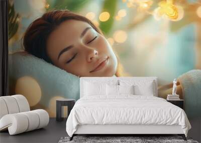 High-resolution brightly lit photorealistic photograph of a serene presenter woman basking in the calm atmosphere of a luxurious massage spa. The image is styled like a high-end lifestyle magazine, Wall mural