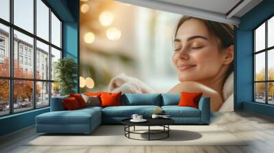 High-resolution brightly lit photorealistic photograph of a serene presenter woman smiling softly while enjoying a calming massage spa. The image is styled like a high-end lifestyle magazine, with a Wall mural