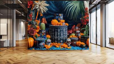 High-resolution photorealistic photograph of a product display podium surrounded by Mexican Day of the Dead elements, offering ample copy space. The image is styled like a high-end lifestyle magazine Wall mural