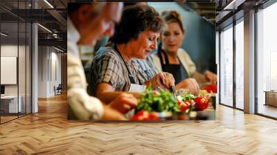 Middle-aged friends in a cooking class, learning to make gourmet meals with the guidance of a professional chef Wall mural