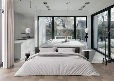 Minimal white dining area with a white table and chairs, highlighted by large windows. Wall mural