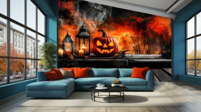 Spooky Halloween night with a Jack O' Lantern on wooden planks, surrounded by a lantern and candle, with dark dead trees silhouetted against the black and orange sky Wall mural