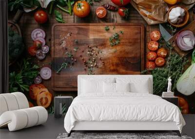 Top view of a cutting board surrounded by sliced vegetables and herbs, with room for copy on one side Wall mural