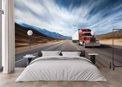 Transport truck cruising at high speed through a desert road, with motion blur emphasizing the endless journey and quick transport services Wall mural