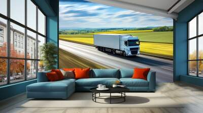 Transport truck driving at high speed on a rural road, motion blur effect enhances the sense of urgency and speed, emphasizing quick delivery services Wall mural