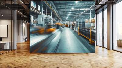 Very realistic and photographic photo of a modern, sleek warehouse with blurred workers and automation machinery in constant motion The long exposure technique emphasizes the dynamic flow and Wall mural