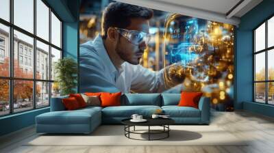 Very realistic and photographic photo of an engineer focused on a holographic display in a state-of-the-art electric vehicle production environment. The scene includes metallic golds and deep blues Wall mural