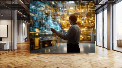 Very realistic and photographic photo of an engineer using high-tech holographic displays in a state-of-the-art factory hall for electric vehicles. Surrounded by complex data projections, the scene Wall mural