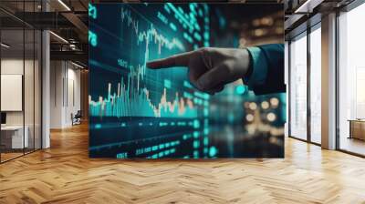 Very realistic photo of a businessman pointing at a rising financial chart with stock market statistics in the background Depicting corporate growth and financial success Styled like a high-end Wall mural