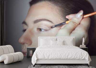 Young beautiful woman applying make-up by make-up artist. Process of making makeup. Wall mural