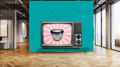 Retro TV Creative Art Collage. Vintage Colors. Textured Background Copy Space Design. Pop Art Artwork Illustration. Geometric Waves. Advertisment Poster Banner Flyer Card Post. Social Media Top View.
 Wall mural