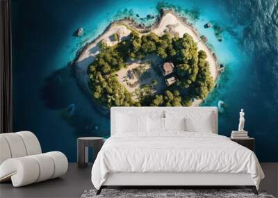 Top view of a tropical island in the middle of a crystal clear blue ocean, rendered by AI technology Wall mural