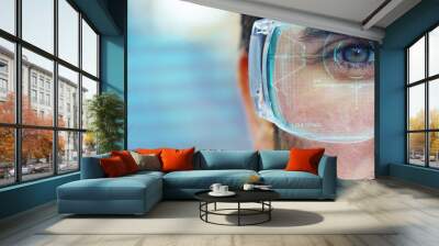 A man with a futuristic look with glasses augmented reality in holography.	 Wall mural