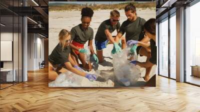 A team of young volunteers are picking up a plastic litter   on a beach with a sea in a sunny day to protect an environment. Wall mural