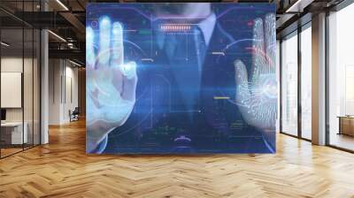 Businessman handprint leaning on control glass for biometric scan. concept of surveillance and security through human fingerprints in the future of digital technology. Wall mural