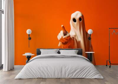 Ghost Pointing Finger Orange Background Halloween Illustration Wall mural