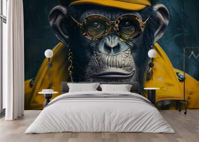 Luxury chimpanzee in yellow and blue in glasses Wall mural