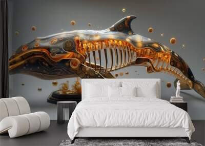 Whale skeleton made of gold and wood Wall mural