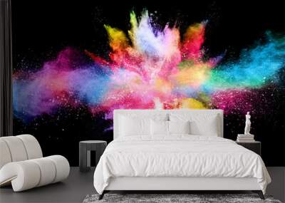 abstract colored dust explosion on a black background.abstract powder splatted background,Freeze motion of color powder exploding/throwing color powder, multicolored glitter texture. Wall mural