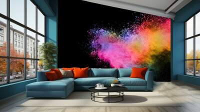 abstract colored dust explosion on a black background.abstract powder splatted background,Freeze motion of color powder exploding/throwing color powder, multicolored glitter texture. Wall mural