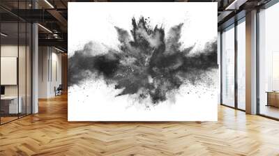 particles of charcoal on white background,abstract powder splatted on white background,Freeze motion of black powder exploding or throwing black powder. Wall mural