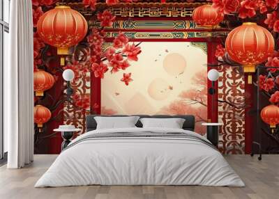 3d rendering of chinese temple with sakura blossom background Wall mural