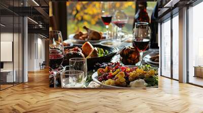 A beautiful Thanksgiving dinner with view of countryside, featuring delicious dishes and wine Wall mural