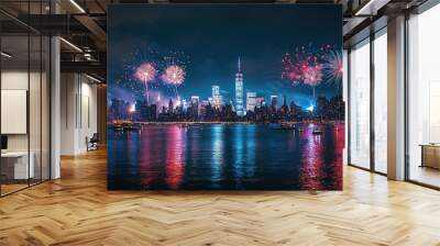 A breathtaking view of a city skyline illuminated by vibrant fireworks over the water at night, capturing a festive atmosphere. Wall mural