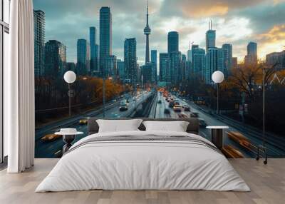 A captivating cityscape view showcasing modern skyscrapers under a vibrant sunset in Toronto, highlighting urban life and traffic. Wall mural