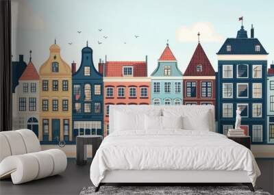 A Charming European Street: Colorful Buildings, Quaint Shops, and Two Bicycles Parked Under a Clear Blue Sky. Wall mural