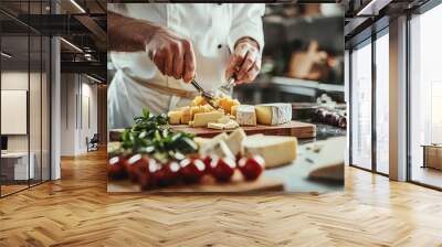 A chef prepares a delicious cheese platter with fresh ingredients, showcasing culinary skills and creativity in a vibrant kitchen setting. Wall mural