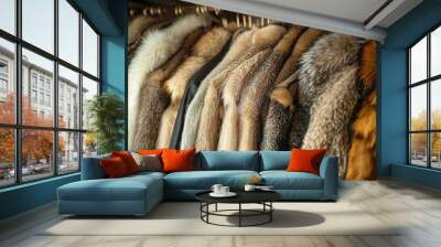 A collection of luxurious fur coats hanging elegantly, showcasing a range of textures and colors for fashion lovers. Wall mural