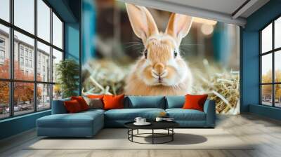 A cute rabbit sitting amidst hay, showcasing its fluffy fur and large ears, perfect for animal lovers and pet enthusiasts. Wall mural