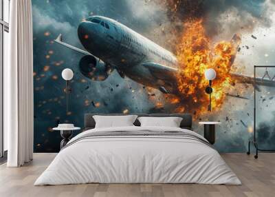 A dramatic scene depicting an airplane explosion against a stormy sky, showcasing fire, debris, and intense action. Wall mural