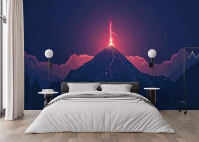 A fiery bolt of lightning strikes a towering mountain peak, illuminating the night sky with vibrant energy. Wall mural