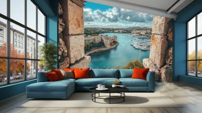 A Glimpse of History: Ancient Fortifications Guarding a Vibrant Harbor Wall mural