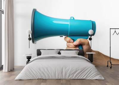 
a hand holding a blue megaphone, white background Wall mural