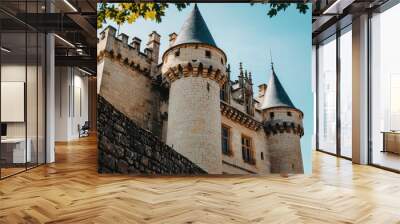 A historic castle with turrets and stone walls stands majestically under clear sky Wall mural