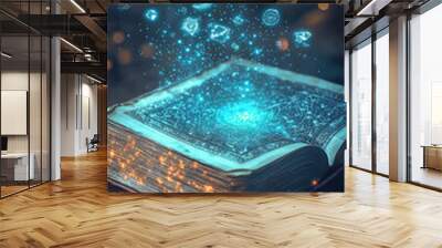 A magical book with glowing pages and enchanting symbols floating above Wall mural