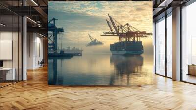 A majestic cargo ship glides through a misty sunrise, its silhouette casting a long shadow on the tranquil water. The cranes stand tall, ready for the day's work. Wall mural