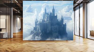 A majestic castle rises above the clouds, surrounded by soft, fluffy clouds against a serene blue sky, evoking fantasy and wonder. Wall mural