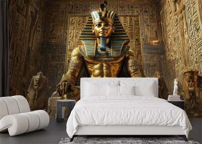 A majestic pharaoh in gold and jewels reigns supreme on a grand throne within an intricately adorned ancient temple filled with hieroglyphs. Wall mural