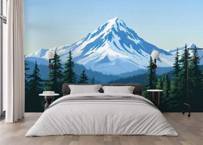 A Majestic Snow-Capped Mountain Peak Rises Above a Lush Forest, Its White Summit Glowing Under a Clear Blue Sky. Wall mural